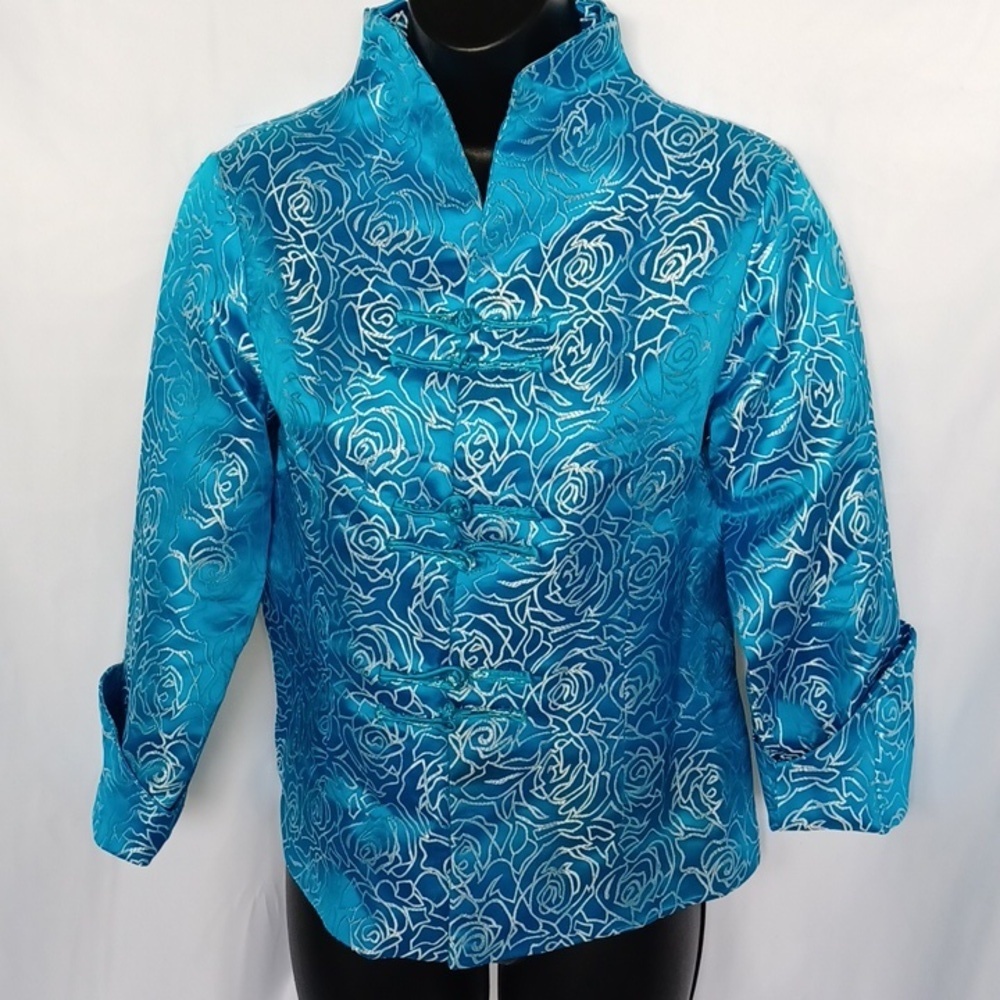 Vintage Dragon Silk Teal & Silver Embroidered Blazer, rose pattern